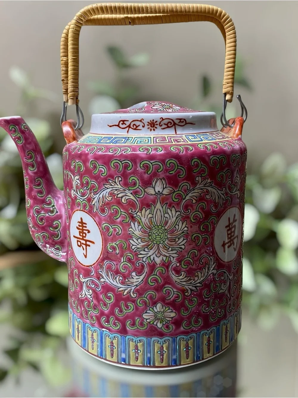 Vintage Chinese Famille Rose Pink Longevity Tea Set Teapot Cups